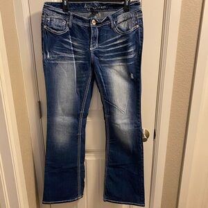 Ariya Jeans 13 14 Stretch Bling Blue Denim Flare Leg Flap Pockets Rhinestone